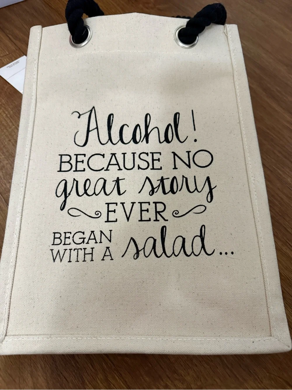 Cream Canvas Wine Tote with Black Rope Handles and Script